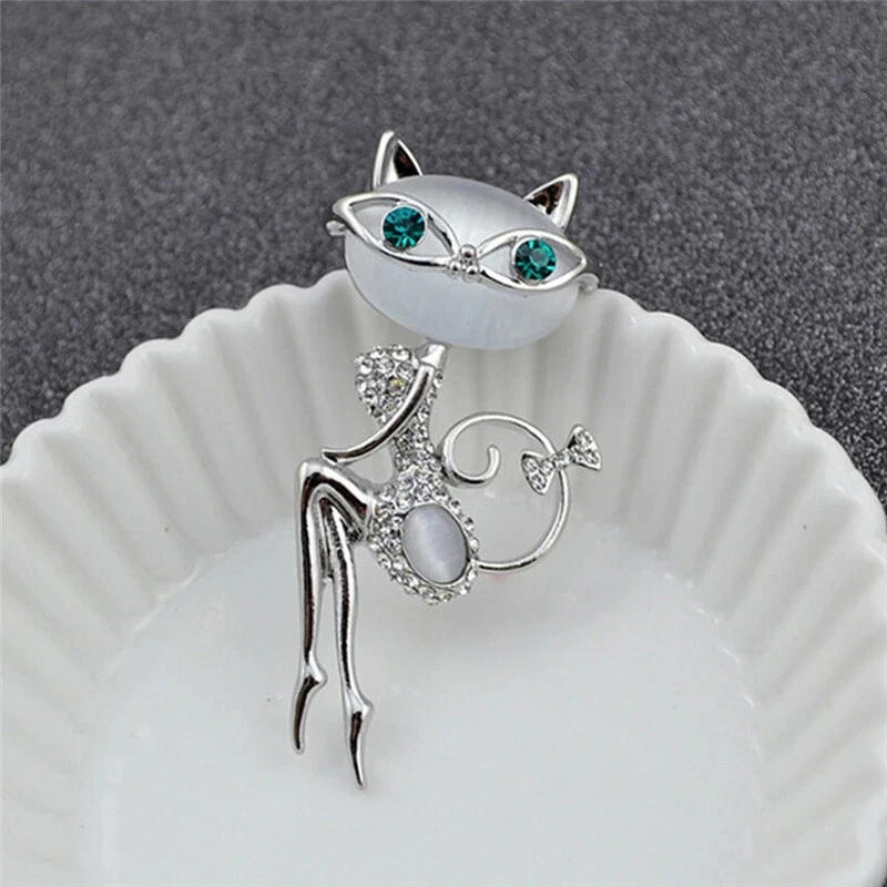 Schöne Brosche Katze mit Brille aus Stein und Kristall