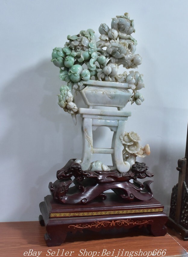 22" Chinese ice Emerald Jade Jadeite Carved Flower Potted plant Statue