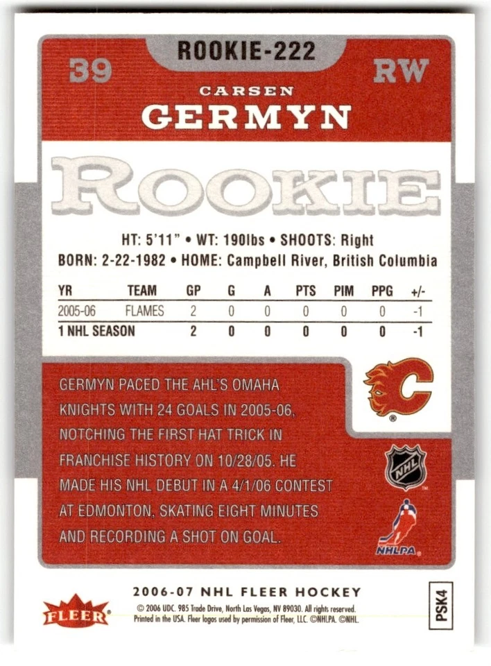 Carsen Germyn 2006-07 Fleer Rookie #222 Calgary Flames - Image 2 of 2