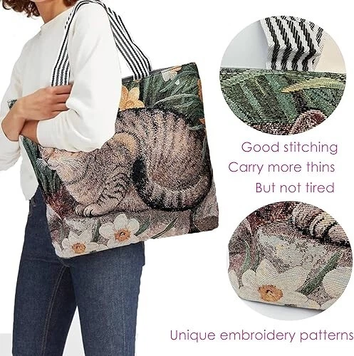 Tote Bag with Zipper Pockets CAT Printed Large Capacity Canvas Handbag for Women - Image 2 of 4