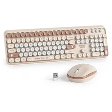Neutral Beige Keyboard and Mouse Wireless, 2.4GHz Full-Sized Cute Brown Keybo...
