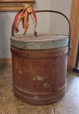 Antique Fabric Lined Firkin Sugar Bucket Wood, 12" Tall with Handle & Lid