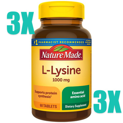 3x Nature Made L-Lysine 1000 mg, Dietary Supplement, 180 Total Tablets Ex 9/28