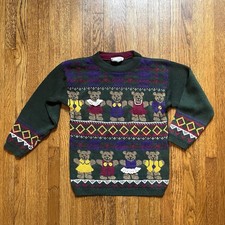 Vtg 80s 90s Jet Set Sweater Kids 5 Teddy Bears 3d Green Grandma Girls