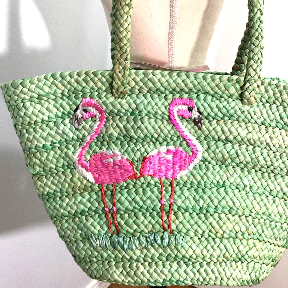 BOLSO DE PLAYA NUEVO CON ETIQUETAS QUACKER FACTORY 100 % CÁSCARA DE MAÍZ VERDE BORDADO FLAMENCO Foto 3 de 4