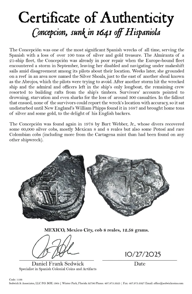 Concepcion Shipwreck (1641) MEXICO Mexico City Silver Cob 8 Reales with COA 1198 - Image 3 of 4