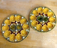 Vintage Deviled Egg Plate Tray Platter Round Yellow Daisy Flowers MCM Lot of 2