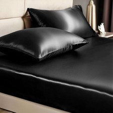 Satin Queen Fitted Sheet  Pillowcase Set - 3-Piece Luxury Soft Silk-Like wit...