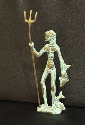 VTG Style Small Brass Statue Of Poseidon / Neptune Holding Trident And Two Fish