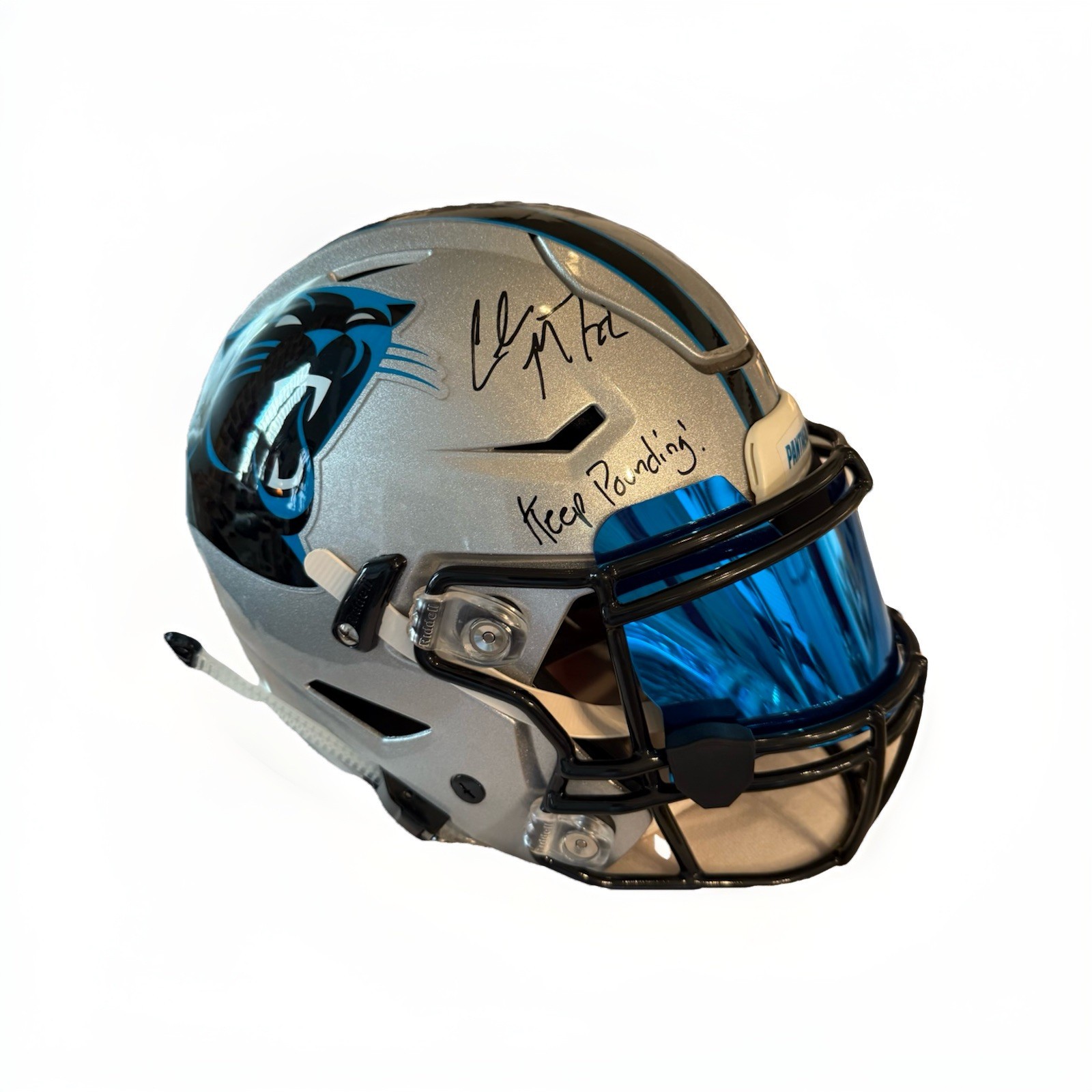 Christian Mccaffrey Autographed Signed Carolina Panthers Panthers Speedflex Inscribed Keep Pounding Helmet 