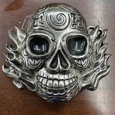 Belt Buckle- Skull w/Flames-Fantasy Artwork-Pewter-1.5" Belt- Dia De Los Muertos