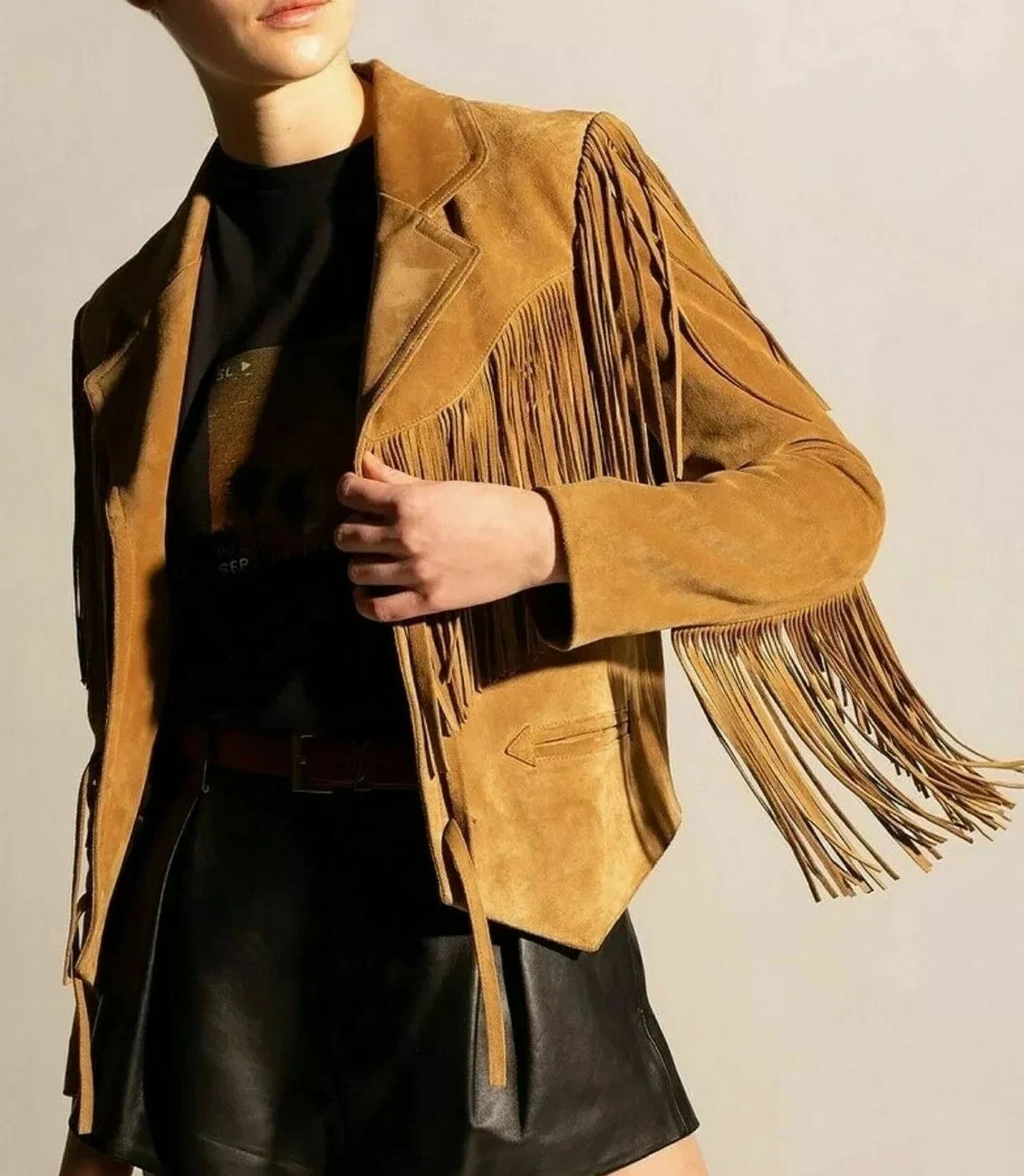New Women Western American Genuine Lambskin Suede Leather Brown Fringe Jacket