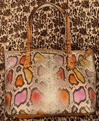 Brahmin Snake Print Embossed Tote Zip Top Double Brown Handles Bag Charm