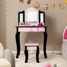 Kids Vanity Set Wooden Makeup Table Stool Set w/ Tri-folding Mirror Print Pink