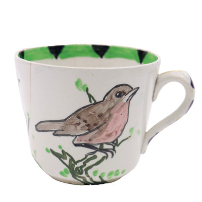 Schottische Kunst Keramik Tasse Glasgow Mädchen Rotkehlchen Vogel Volkskunst H8cm um 1900