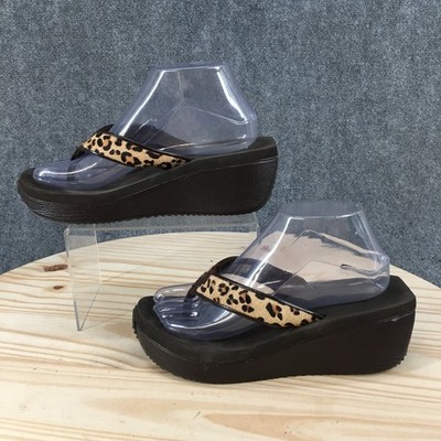 Volatile Sandals Womens 8 Leopard Print Slip On Wedge Thong Black Brown Leather