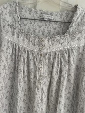 Eileen West Floral Cotton Nightgown L   Soft Gray Print, Lace Trim, Long Sleeve