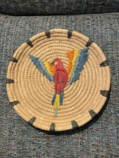 African Made Basket Wall Hanging Or Display Woven With Colorful Parrot 12”