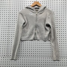 Brandy Melville Crop Zip Hoodie Womens One Size Gray Rib Knit Hooded