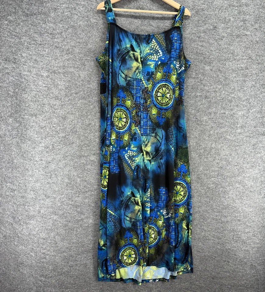 Jaclyn Smith 女式连衣裙 1X Plus 蓝色几何紧身 Midi V 领无袖 — 第 2/4 张图片