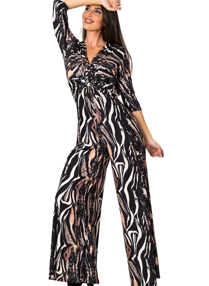 Damen Overall Palazzo Mit Animal Print 3/4 Arm V-Ausschnitt - Bild 2 von 4
