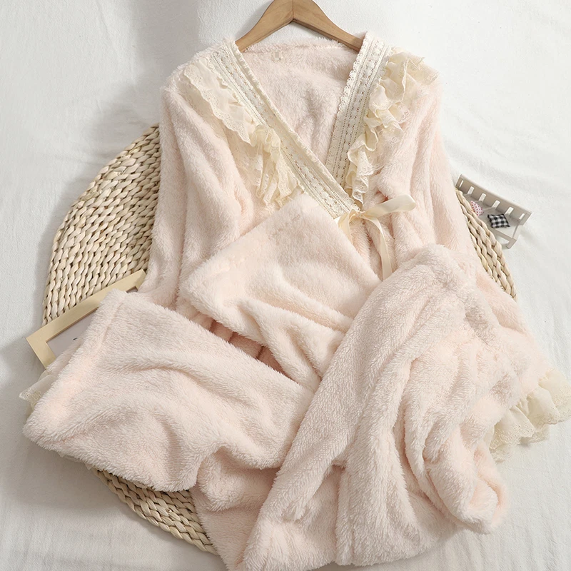 2pcs Women Fleece Pajamas Set Lace Ruffle Faux Fur Robe Pants