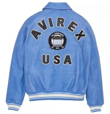 Avirex Men's Sky Blue Real American Bomber Jacket Real Flight Sheepskin Jacket
