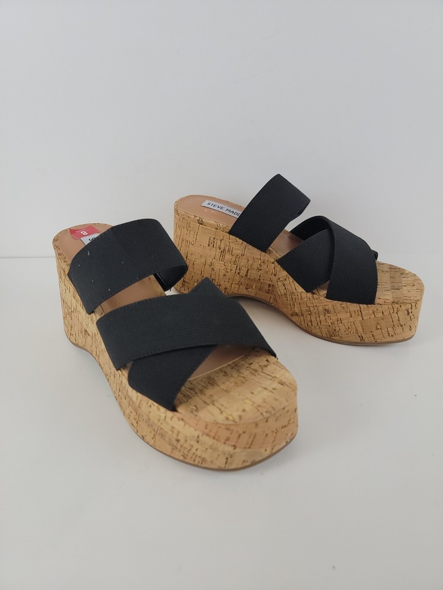 STEVE MADDEN Womens Cork platform Wedge Sandal Slip On Sz 8m Black