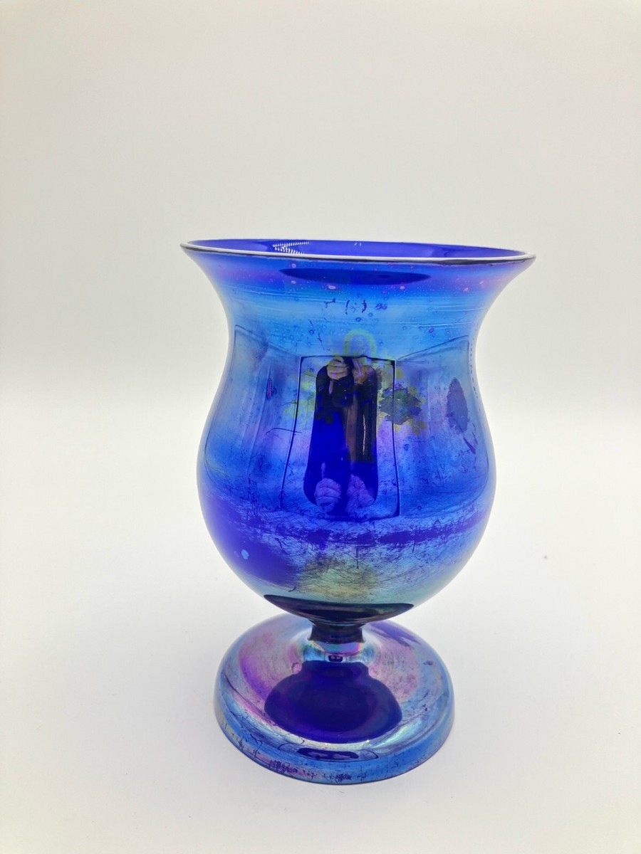 Antique Czechoslovakian Blue Glass Vase with Enameled Flower