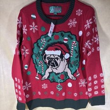 Ugly Christmas Sweater PUG Dog Wreath Adult Medium Red Holiday Sequin Accent AA3