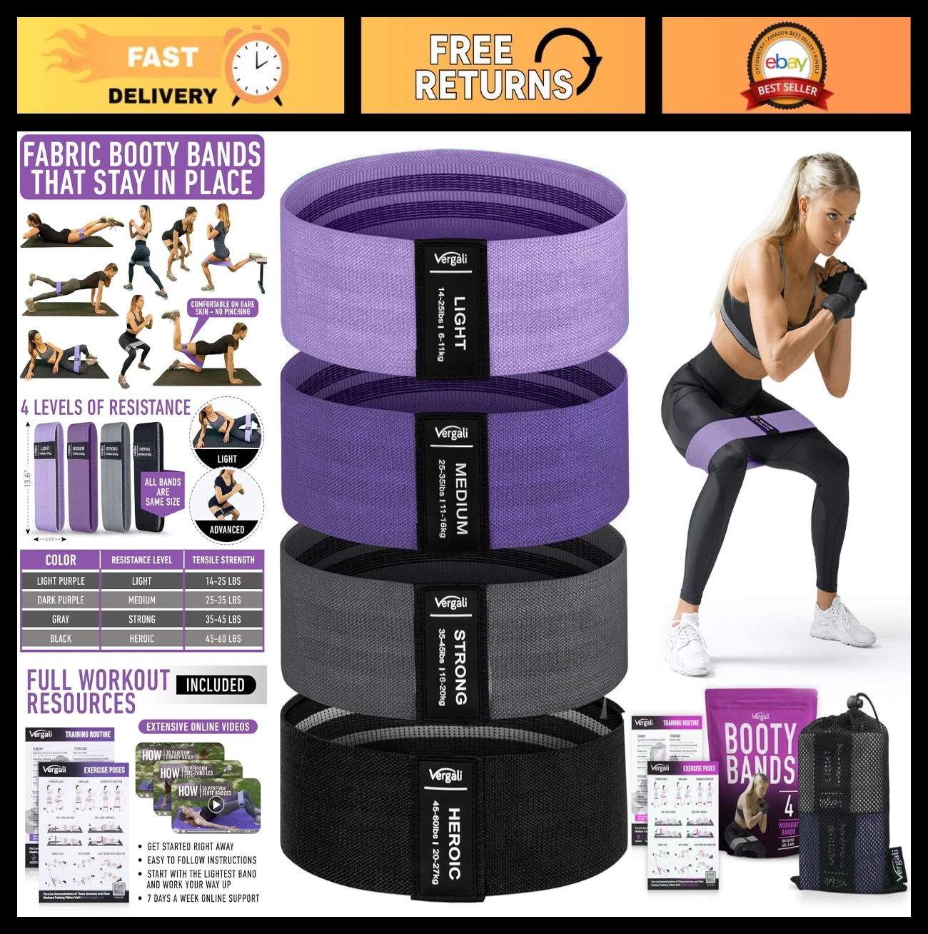 Resistance Bands Set for Workout - 4 Fabric Booty Bands for Legs, Glutes & Thigh