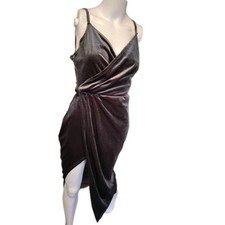 CyperSoul Spaghetti Strap Bodycon Gray Ruched Wrap Velvet Dress Medium Midi