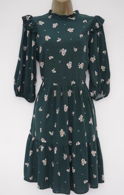 NEW LOOK DUNKELGRÜN GEBLÜMT ETAGEN TEE KLEID GRÖSSE 10 PUFF 3/4 ÄRMEL