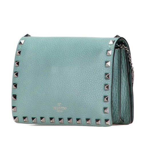 Valentino Rockstud Chain Shoulder Bag 2Way Clutch Crossbody Leather Blue Silver