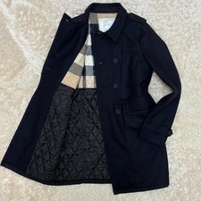 Burberry Children Nova Check Wool Logo Button Trench Style Coat Navy Beige