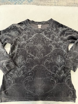Chico's 1 Med Zenergy Women s Velour Ling Sleeve  Gray & Silver Pullover Top E49