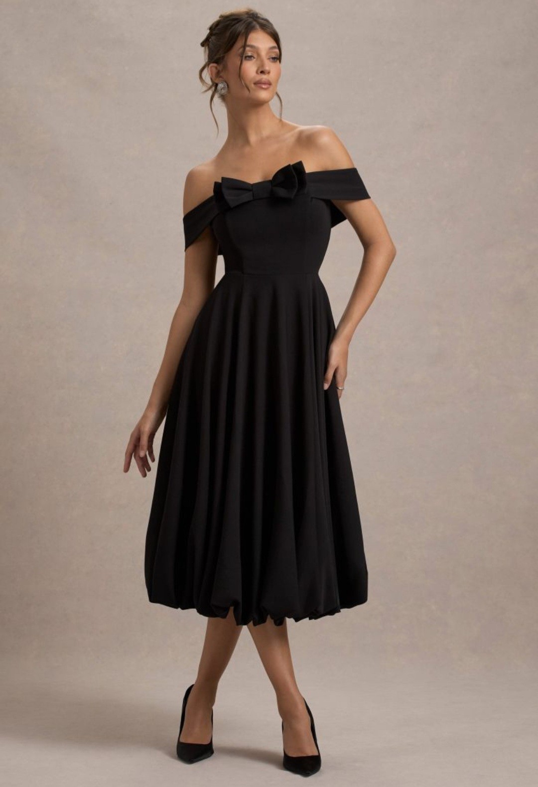 Club L London CALLIOPIA BLACK BOW BARDOT MIDI DRESS WITH PUFF- BALL SKIRT US 8