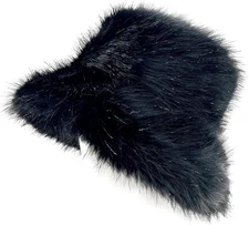 FHQHTH Women's Fluffy Faux Fur Bucket Hat Warm Fuzzy Winter Cap Silver-black 
