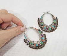 Vintage Boho Large Silver Tone  Mosaic Enamel Openwork Hoop Dangle Earrings