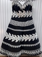 Vintage Victor Costa Dress Womens Small 80s Black White Fringe Lace Strapless