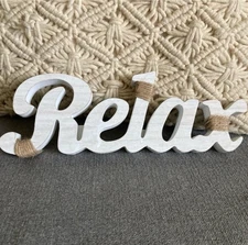 Farmhouse Wood Decor Accent Relax Piece NWT Whitewashed Wood With Twine Accents