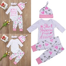 4Pcs Newborn Baby Girls Letter-printed Romper Printed Trousers Hat Headband Set