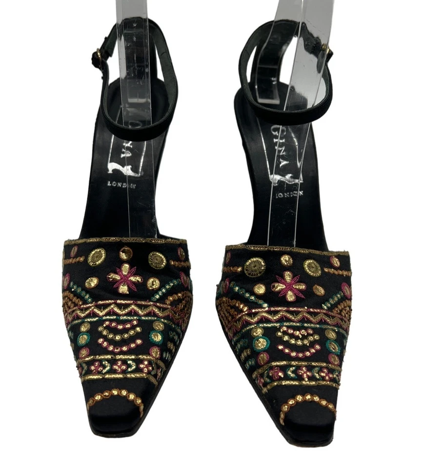 Gina Satin Pointed Toe Embroidered Detail Ankle Strap Heels - Image 2 of 4