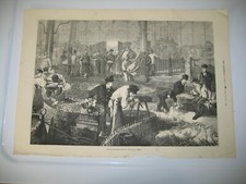 1874 Poultry Market Halles Centrales Paris France Wood Antique Engraving PRINT