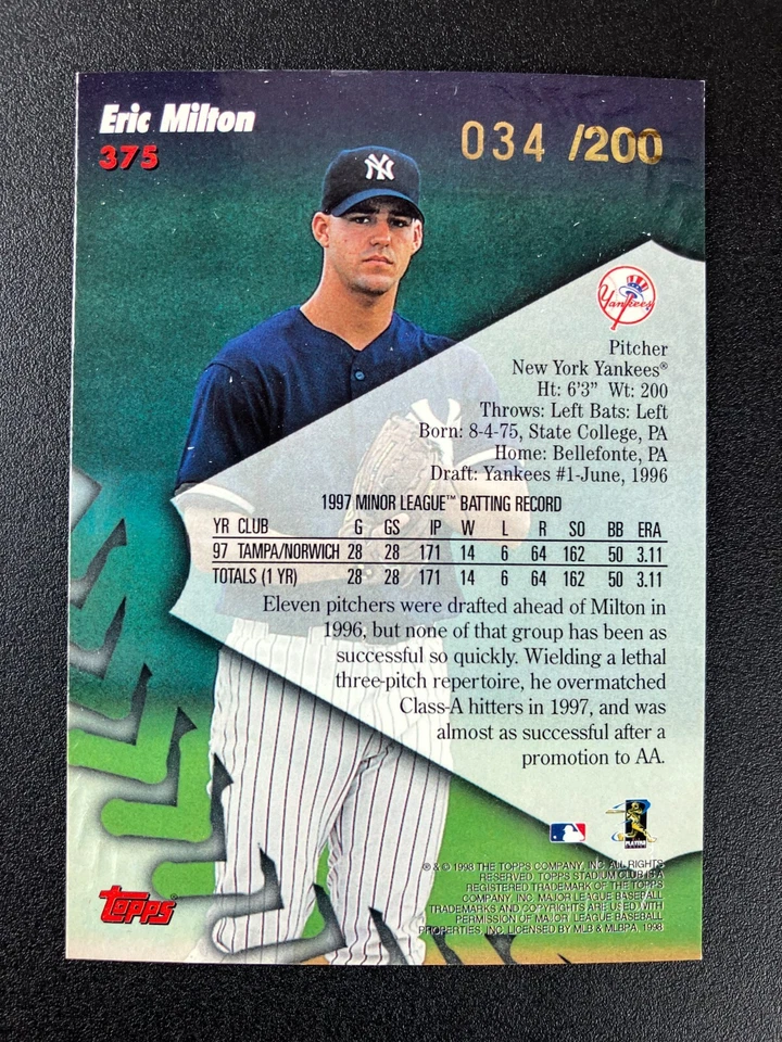 ERIC MILTON /200 STADIUM CLUB 1ST FIRST DAY ISSUE YANKEES TWINS #375 1998 - Image 2 of 2