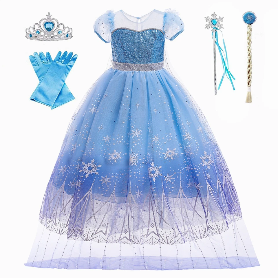 MISS & MR BM Girls Elsa Costume Princess Dress Up Set w/ Accessories for Birthday Fancy Party