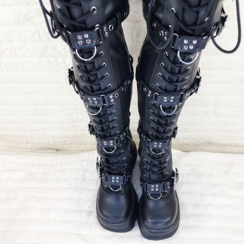 Botas en el muslo Shaker 420 negras sTRETCH 4,5" tacón de cuña OTK calaveras cremalleras NY DEMON - Imagen 2 de 8