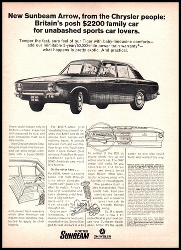 1968 Rootes Sunbeam Arrow Sedan Vintage Print Ad Chrysler Wall Art ...