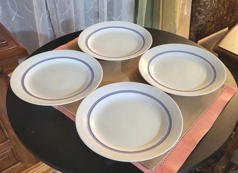 Juego de platos de porcelana para ensalada/almuerzo Dansk Café Blanc rayas azules S/4 ¡Nuevo! Foto 2 de 4