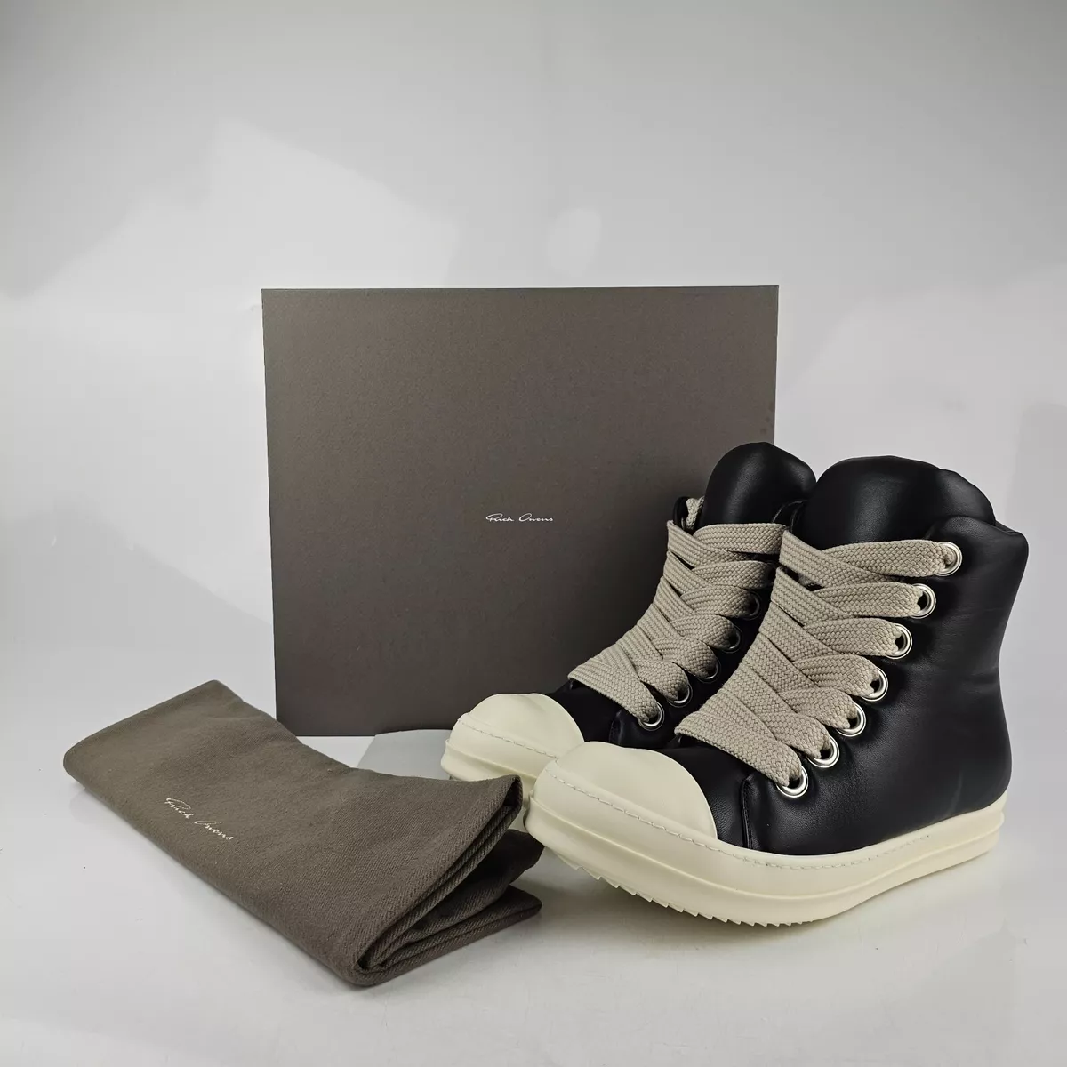 Rick Owens Jumbo Laces Padded High Top Black/Milk Sneakers New Size 41 US 8